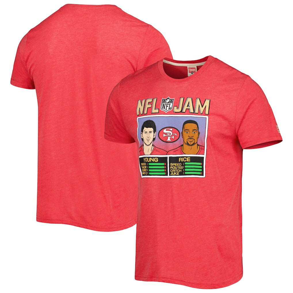 Jerry Rice & Steve Young San Francisco 49ers Homage Unisex NFL Jam Retired Tri-Blend T-Shirt - Scarlet T-shirts