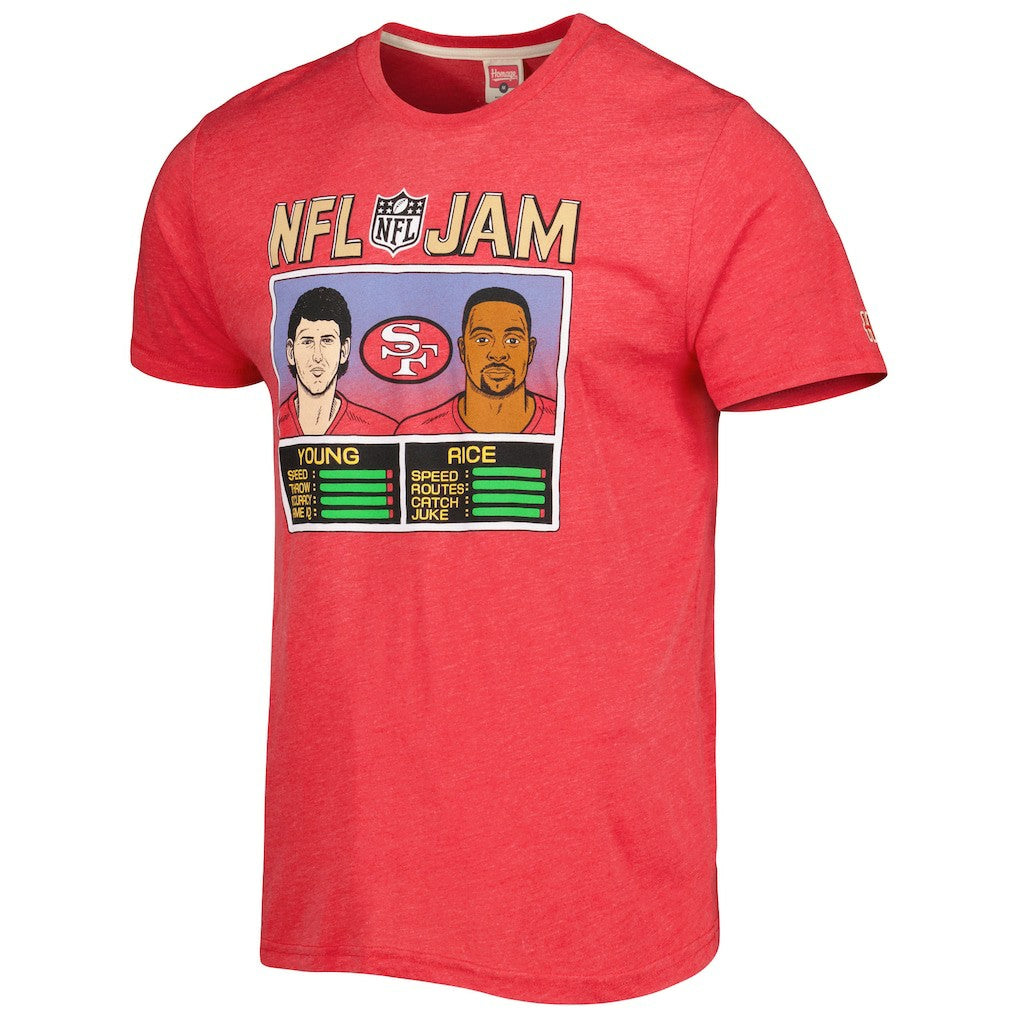 Jerry Rice & Steve Young San Francisco 49ers Homage Unisex NFL Jam Retired Tri-Blend T-Shirt - Scarlet T-shirts