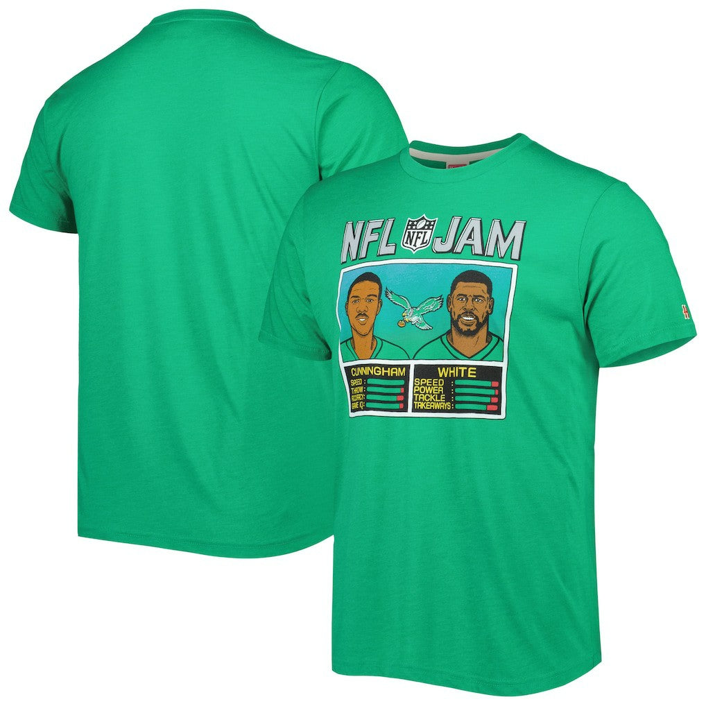 Randall Cunningham & Reggie White Philadelphia Eagles Homage Unisex NFL Jam Retired Tri-Blend T-Shirt - Heather Kelly Green T-shirts