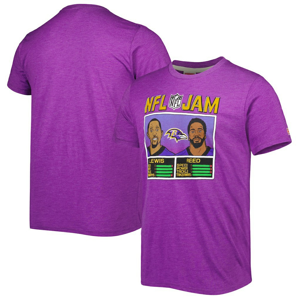 Ray Lewis & Ed Reed Baltimore Ravens Homage Unisex NFL Jam Retired Tri-Blend T-Shirt - Heather Purple T-shirts