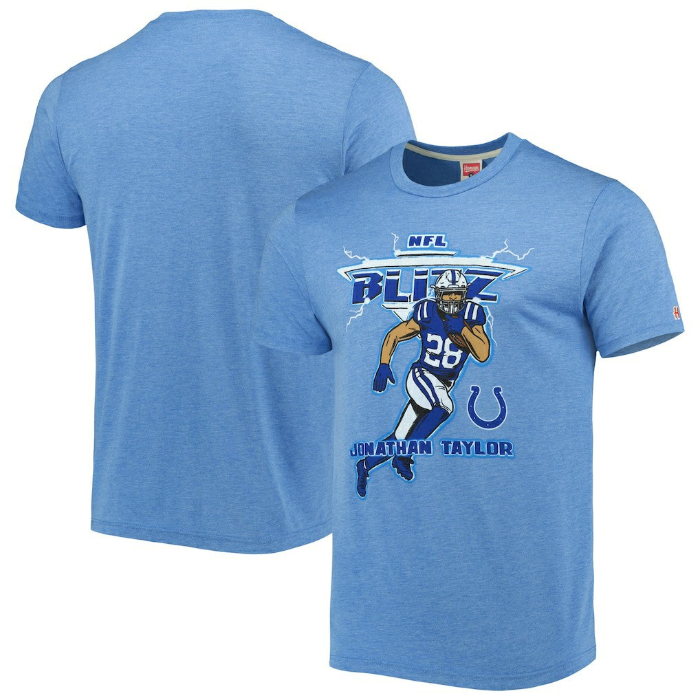 Jonathan Taylor Indianapolis Colts Homage Unisex NFL Blitz Player Tri-Blend T-Shirt - Heathered Heather Royal T-shirts