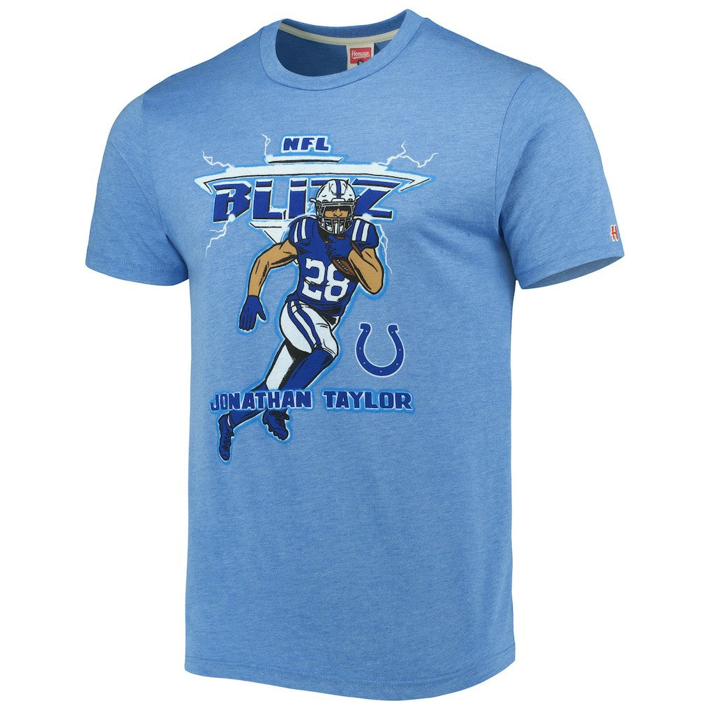 Jonathan Taylor Indianapolis Colts Homage Unisex NFL Blitz Player Tri-Blend T-Shirt - Heathered Heather Royal T-shirts