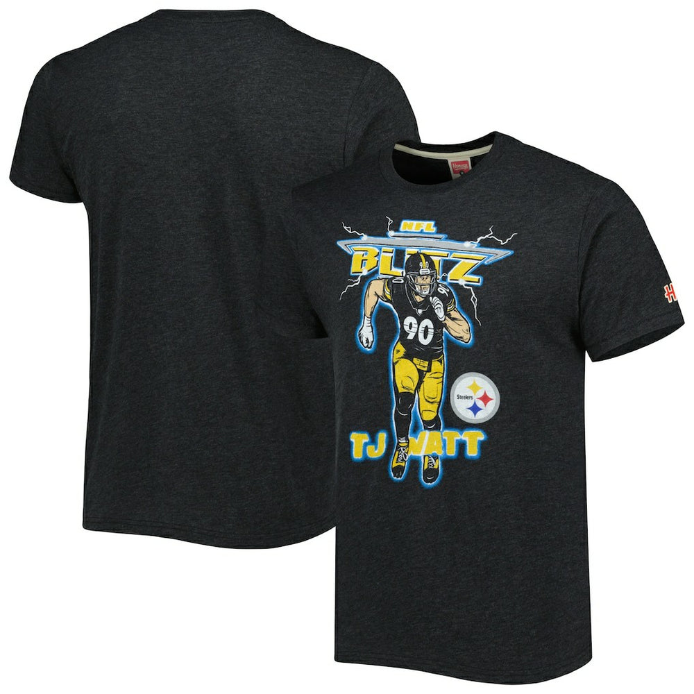 T.J. Watt Pittsburgh Steelers Homage Unisex NFL Blitz Player Tri-Blend T-Shirt - Heathered Heather Charcoal T-shirts