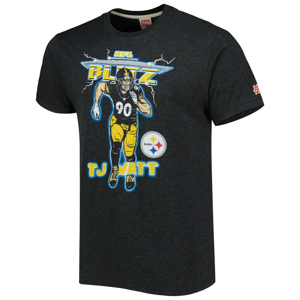 T.J. Watt Pittsburgh Steelers Homage Unisex NFL Blitz Player Tri-Blend T-Shirt - Heathered Heather Charcoal T-shirts