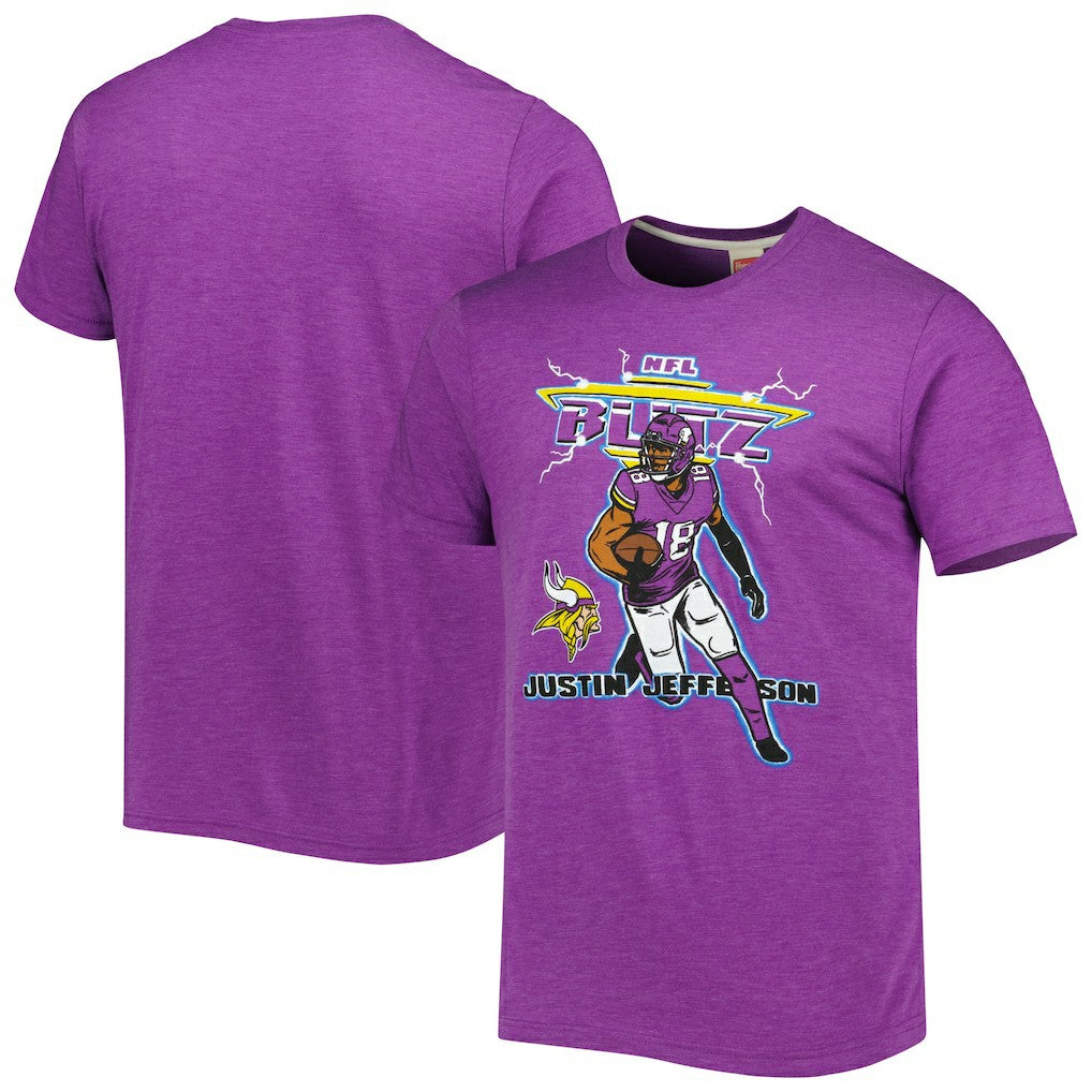 Justin Jefferson Minnesota Vikings Homage Unisex NFL Blitz Player Tri-Blend T-Shirt - Heathered Heather Purple T-shirts