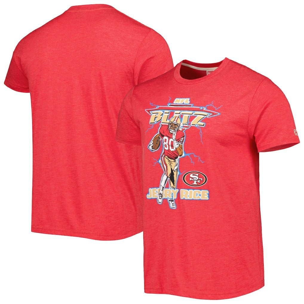 Jerry Rice San Francisco 49ers Homage Unisex NFL Blitz Retired Player Tri-Blend T-Shirt - Heathered Scarlet T-shirts