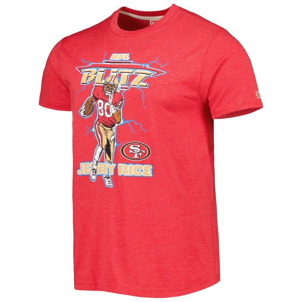 Jerry Rice San Francisco 49ers Homage Unisex NFL Blitz Retired Player Tri-Blend T-Shirt - Heathered Scarlet T-shirts
