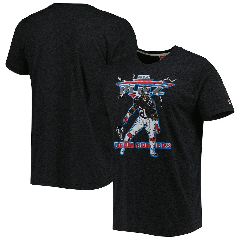 Deion Sanders Atlanta Falcons Homage Unisex NFL Blitz Retired Player Tri-Blend T-Shirt - Heathered Heather Black T-shirts