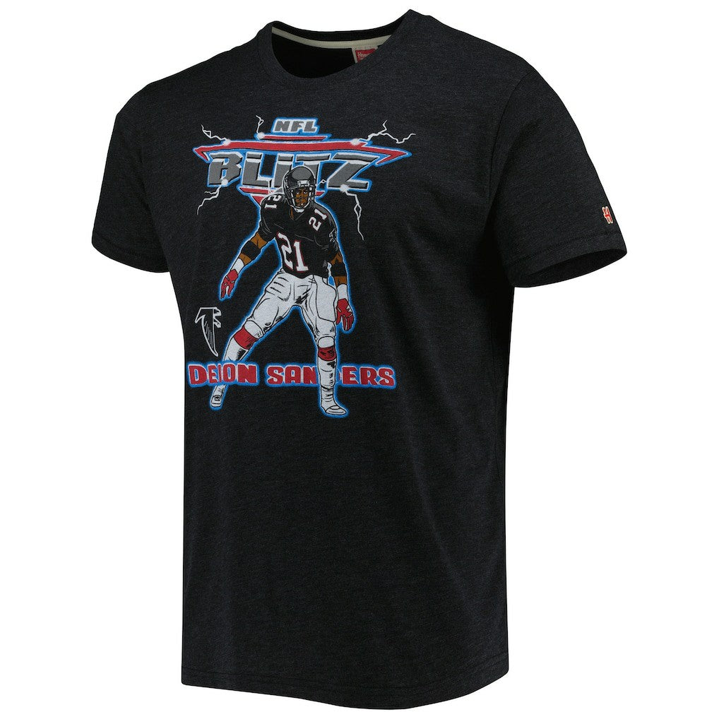 Deion Sanders Atlanta Falcons Homage Unisex NFL Blitz Retired Player Tri-Blend T-Shirt - Heathered Heather Black T-shirts