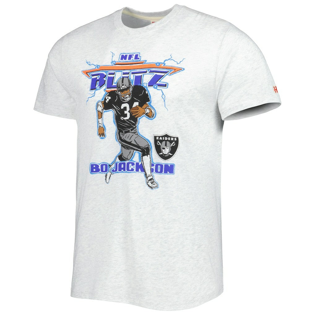 Bo Jackson Las Vegas Raiders Homage Unisex NFL Blitz Retired Player Tri-Blend T-Shirt - Heathered Ash T-shirts