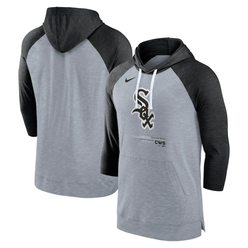 Chicago White Sox Nike Baseball Raglan 3/4-Sleeve Pullover Hoodie - Heather Gray/Heather Black Hoodies