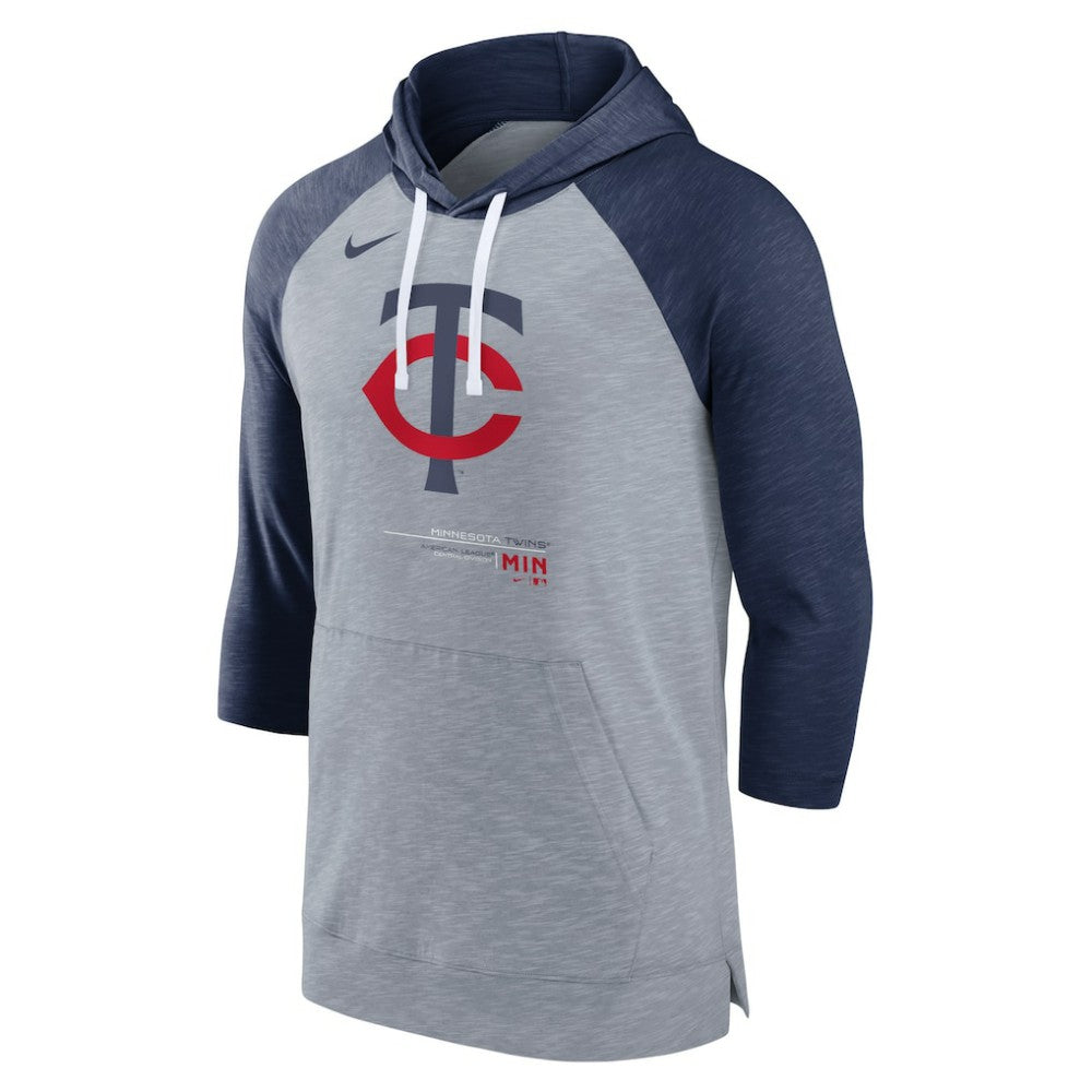 Minnesota Twins Nike Baseball Raglan 3/4-Sleeve Pullover Hoodie - Heather Gray/Heather Navy Hoodies