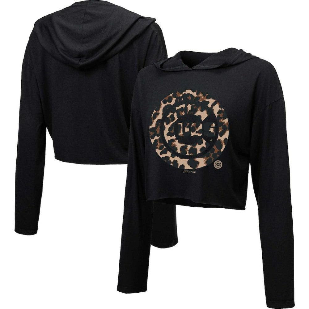 Chicago Cubs Majestic Threads Women's Leopard Cropped Hoodie - Black Hoodies