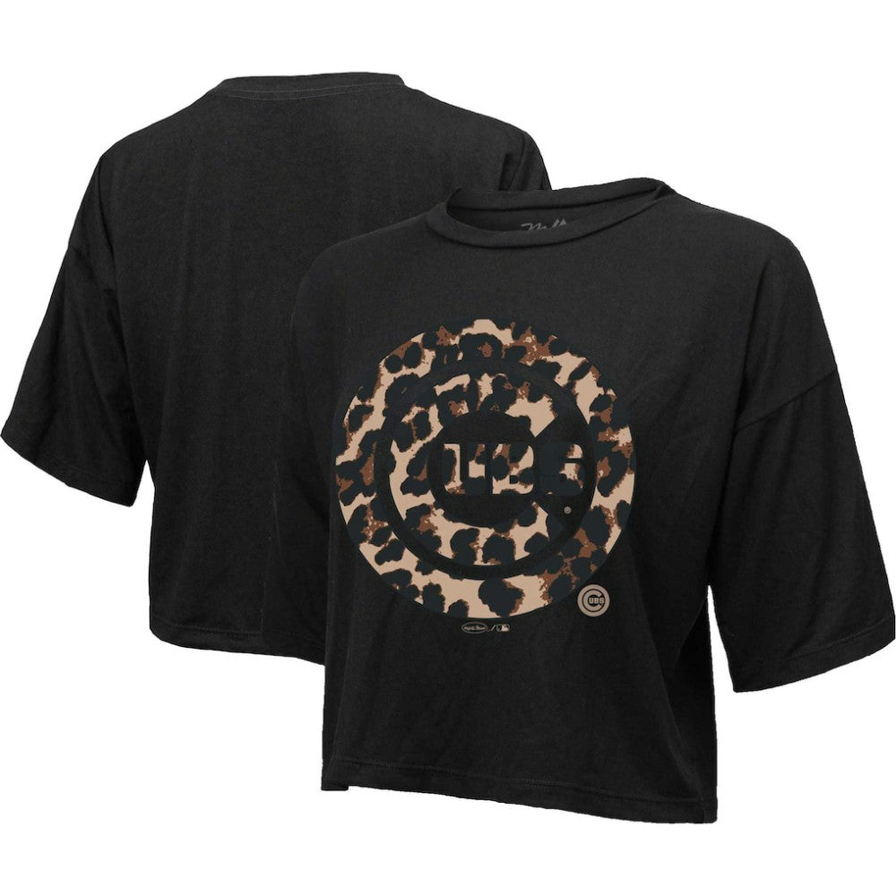 Chicago Cubs Majestic Threads Women's Leopard Cropped T-Shirt - Black T-shirts