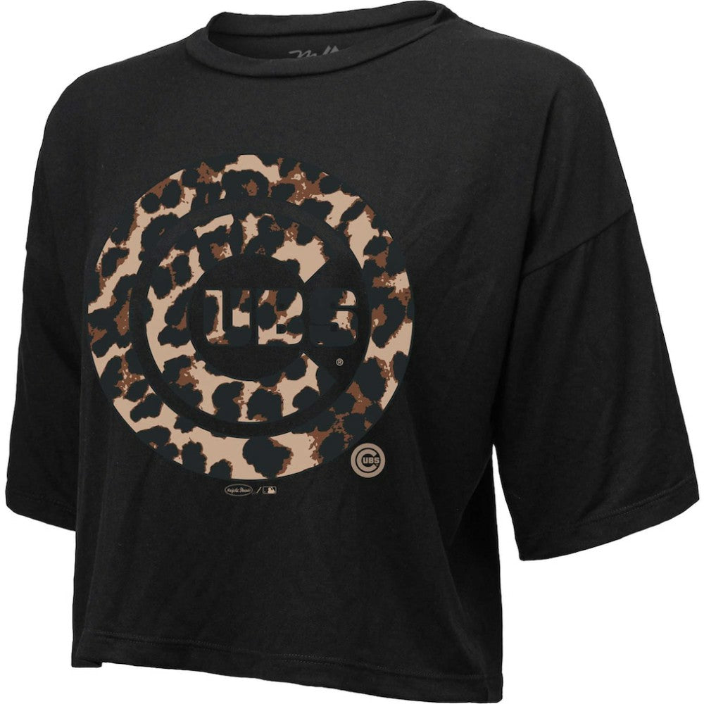 Chicago Cubs Majestic Threads Women's Leopard Cropped T-Shirt - Black T-shirts
