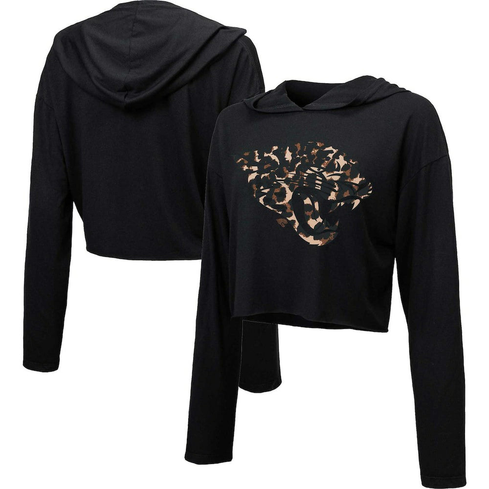 Jacksonville Jaguars Majestic Threads Women's Leopard Cropped Pullover Hoodie - Black Hoodies