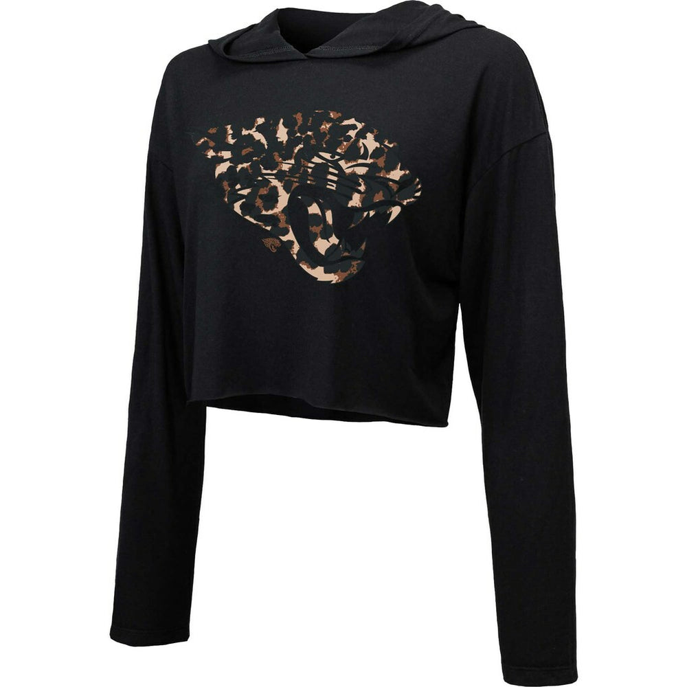 Jacksonville Jaguars Majestic Threads Women's Leopard Cropped Pullover Hoodie - Black Hoodies