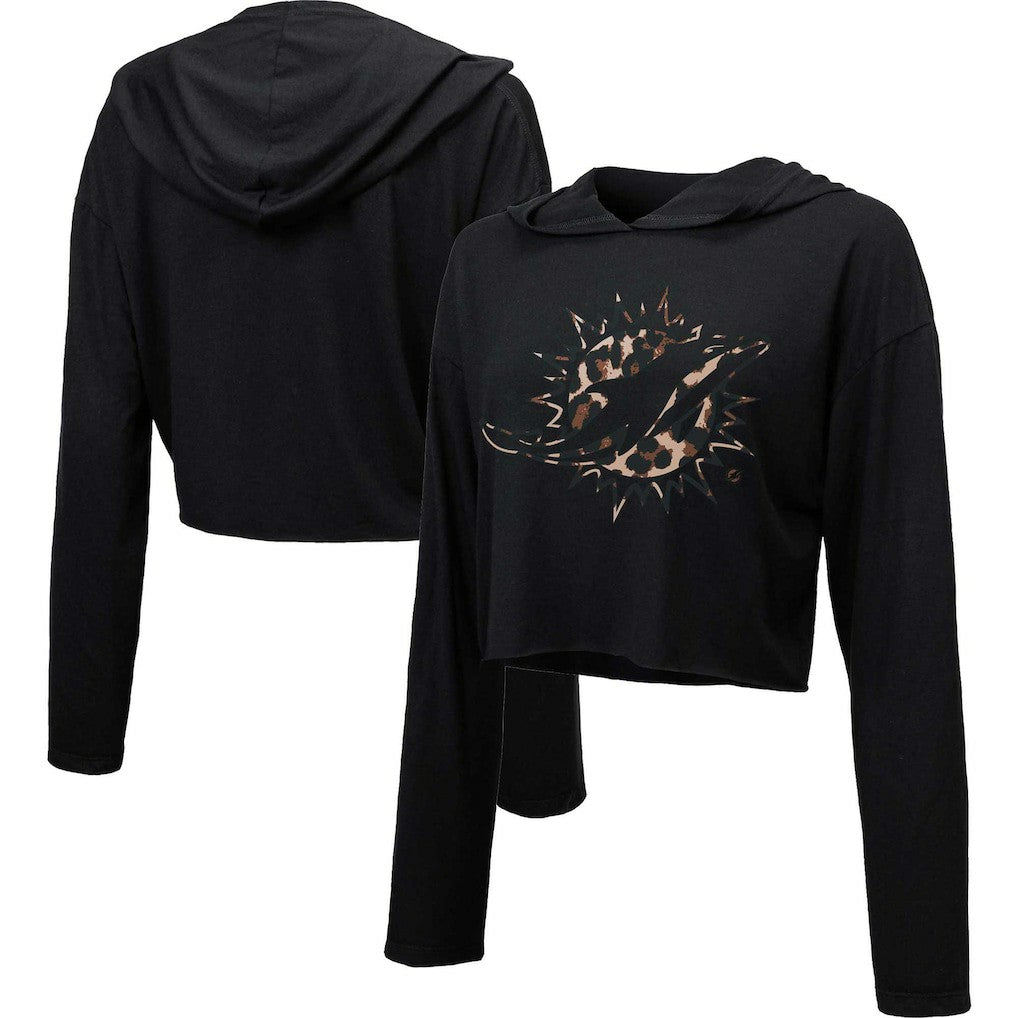 Miami Dolphins Majestic Threads Women's Leopard Cropped Pullover Hoodie - Black Hoodies