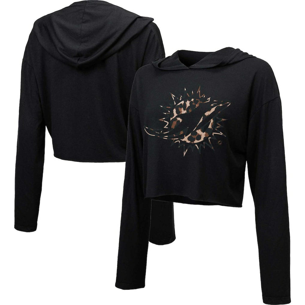 Miami Dolphins Majestic Threads Women's Leopard Cropped Pullover Hoodie - Black Hoodies