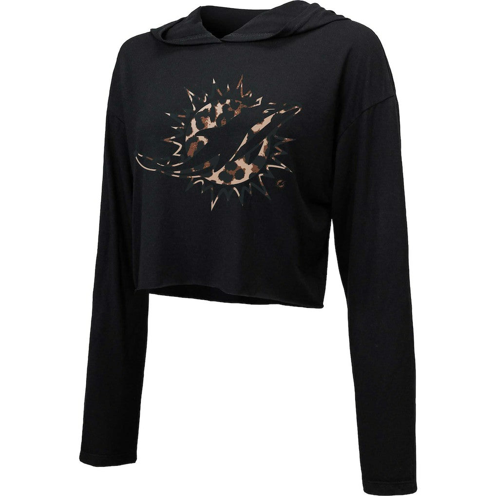 Miami Dolphins Majestic Threads Women's Leopard Cropped Pullover Hoodie - Black Hoodies