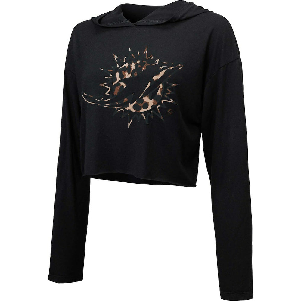 Miami Dolphins Majestic Threads Women's Leopard Cropped Pullover Hoodie - Black Hoodies