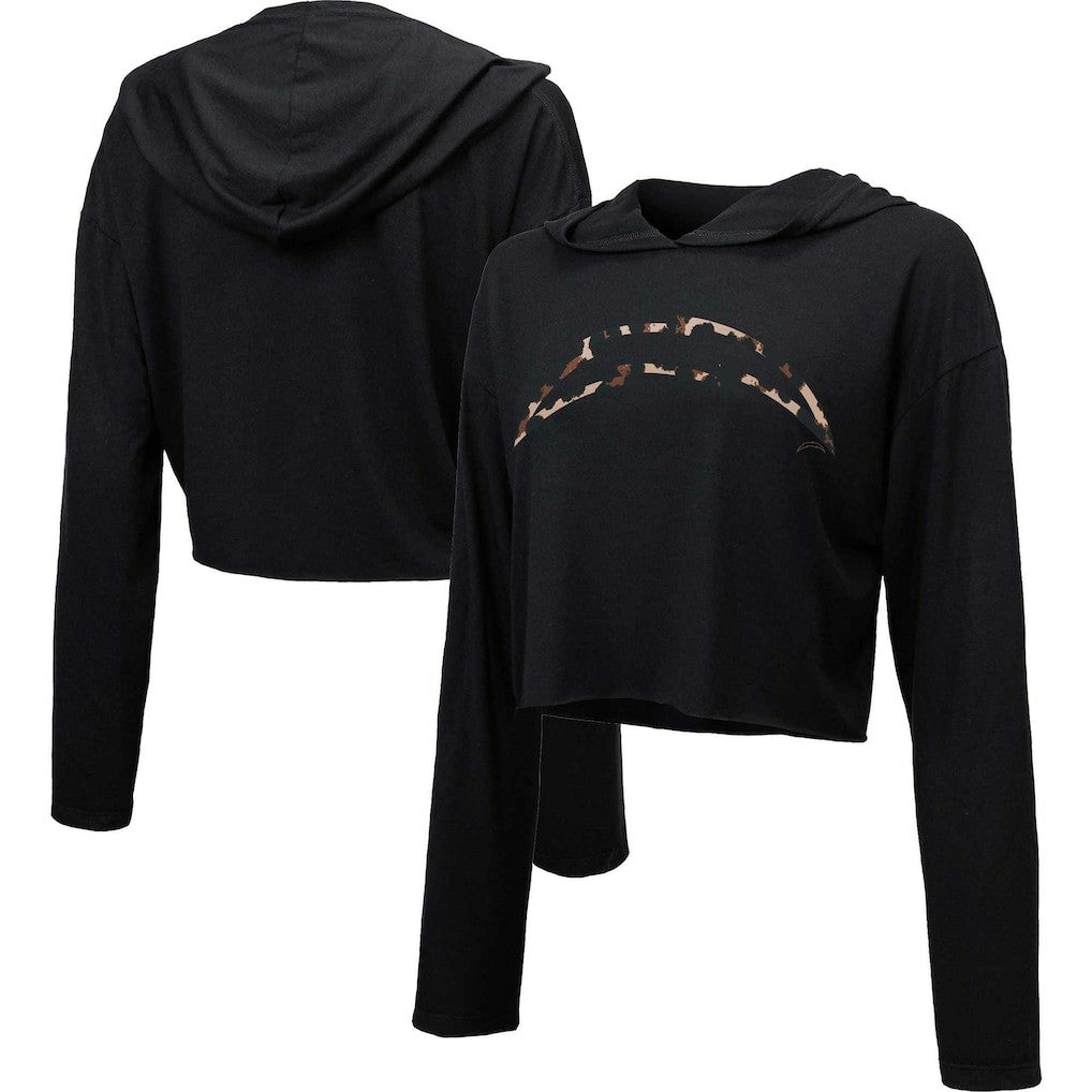 Los Angeles Chargers Majestic Threads Women's Leopard Cropped Pullover Hoodie - Black Hoodies