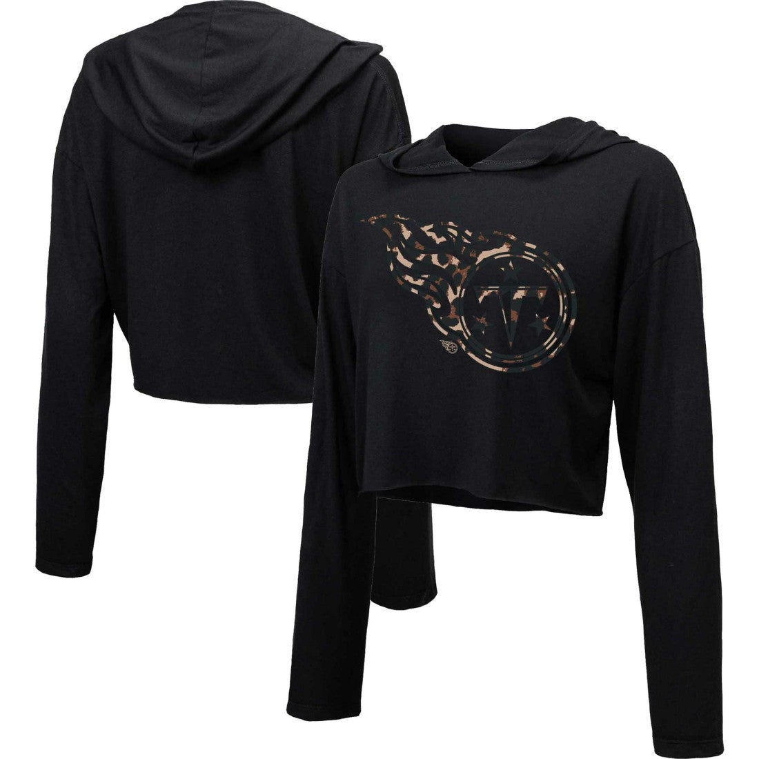 Tennessee Titans Majestic Threads Women's Leopard Cropped Pullover Hoodie - Black Hoodies