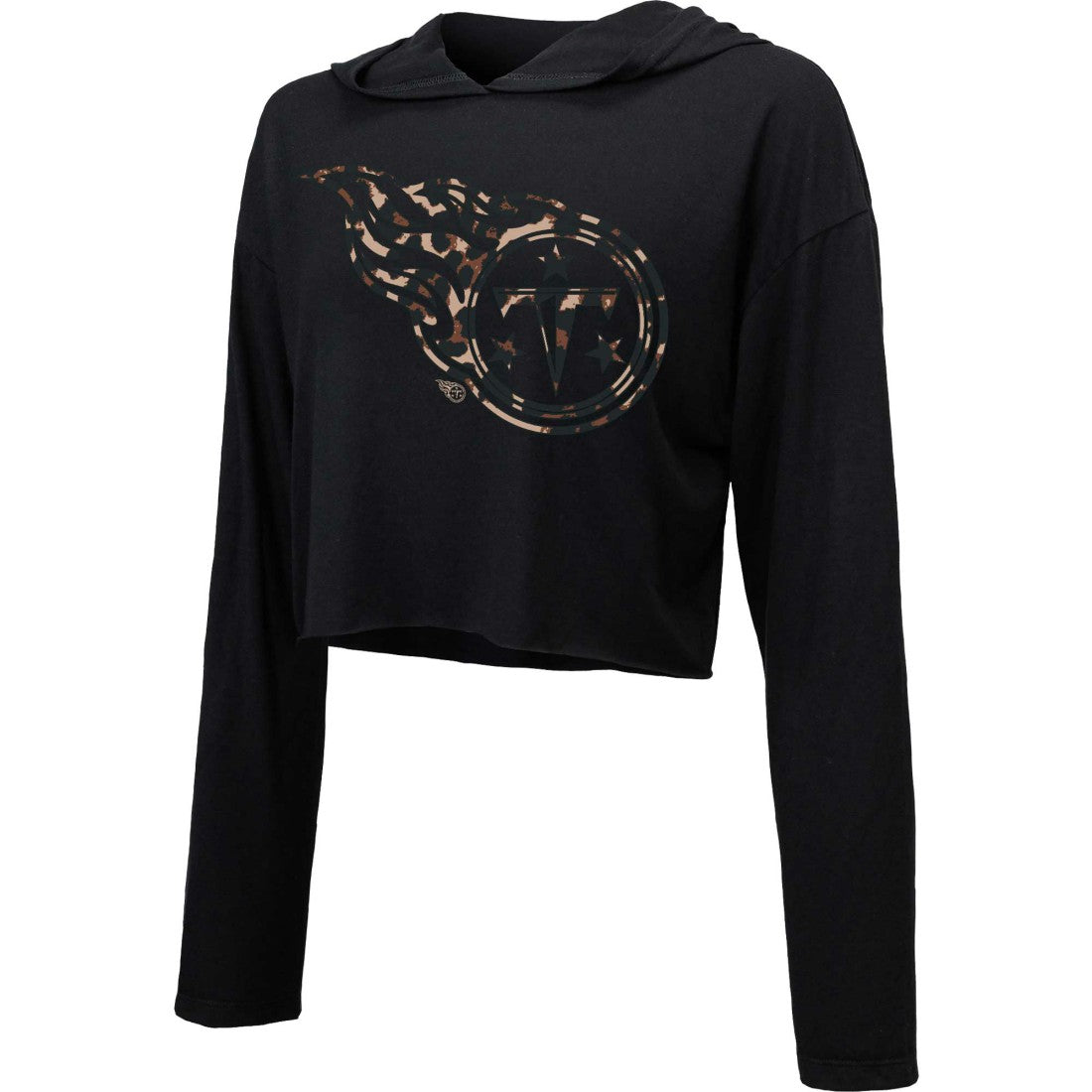 Tennessee Titans Majestic Threads Women's Leopard Cropped Pullover Hoodie - Black Hoodies