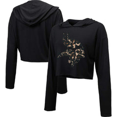 Minnesota Vikings Majestic Threads Women's Leopard Cropped Pullover Hoodie - Black Hoodies