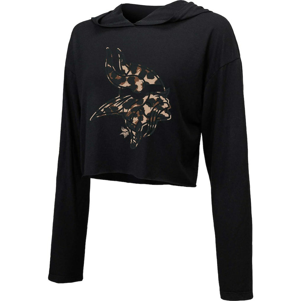 Minnesota Vikings Majestic Threads Women's Leopard Cropped Pullover Hoodie - Black Hoodies