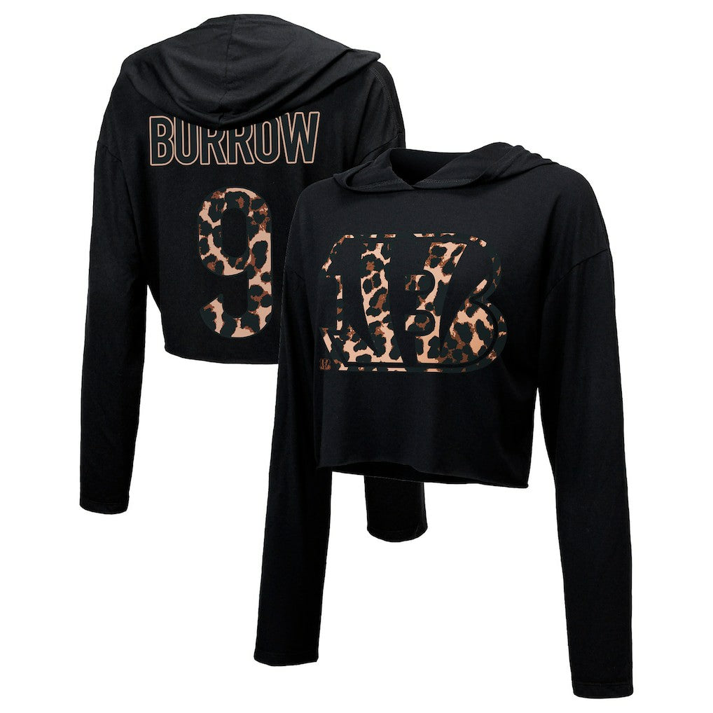 Joe Burrow Cincinnati Bengals Majestic Threads Women's Leopard Player Name & Number Long Sleeve Cropped Hoodie - Black Hoodies