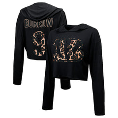 Joe Burrow Cincinnati Bengals Majestic Threads Women's Leopard Player Name & Number Long Sleeve Cropped Hoodie - Black Hoodies