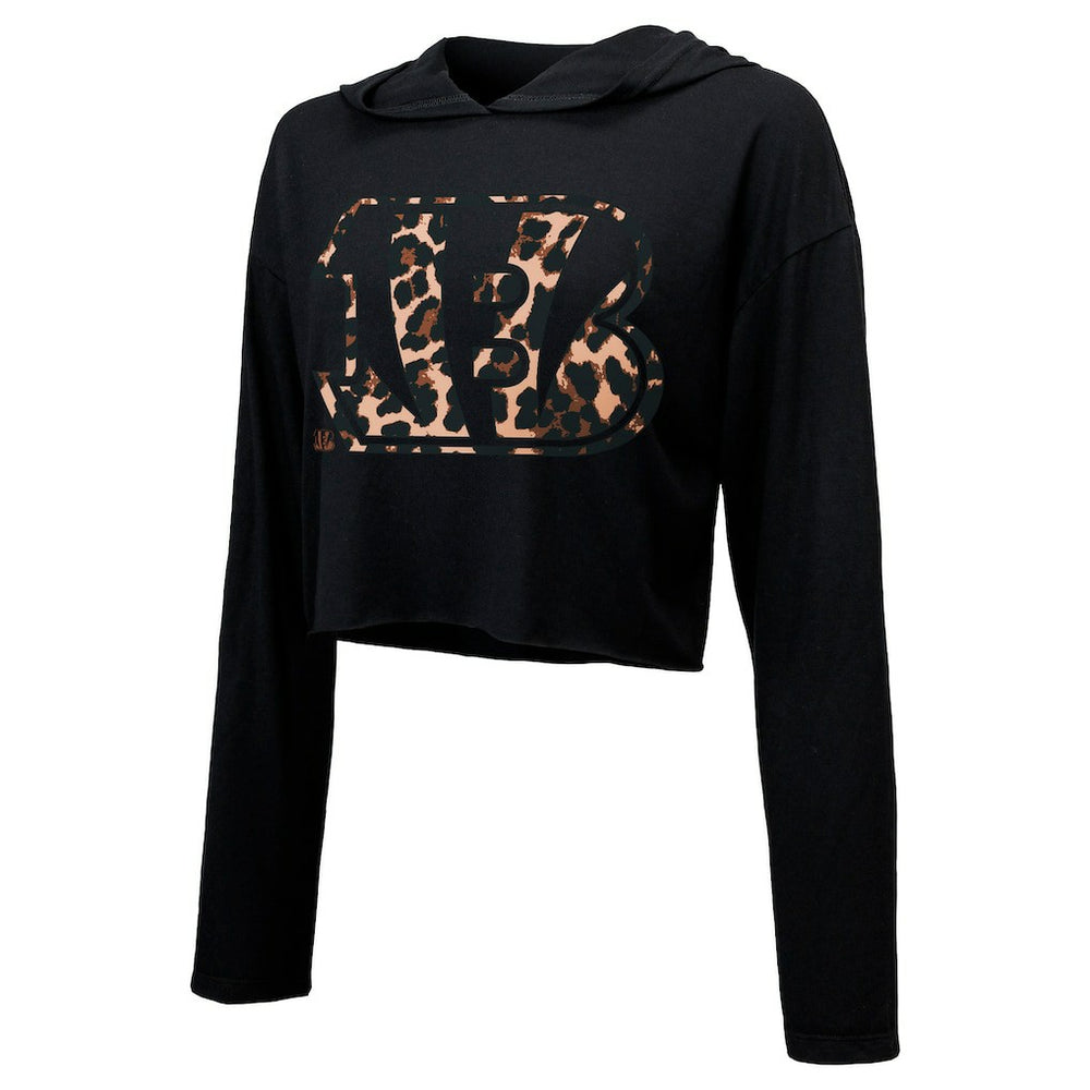 Joe Burrow Cincinnati Bengals Majestic Threads Women's Leopard Player Name & Number Long Sleeve Cropped Hoodie - Black Hoodies