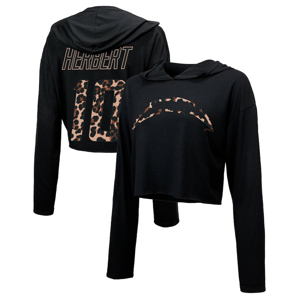 Justin Herbert Los Angeles Chargers Majestic Threads Women's Leopard Player Name & Number Long Sleeve Cropped Hoodie - Black Hoodies