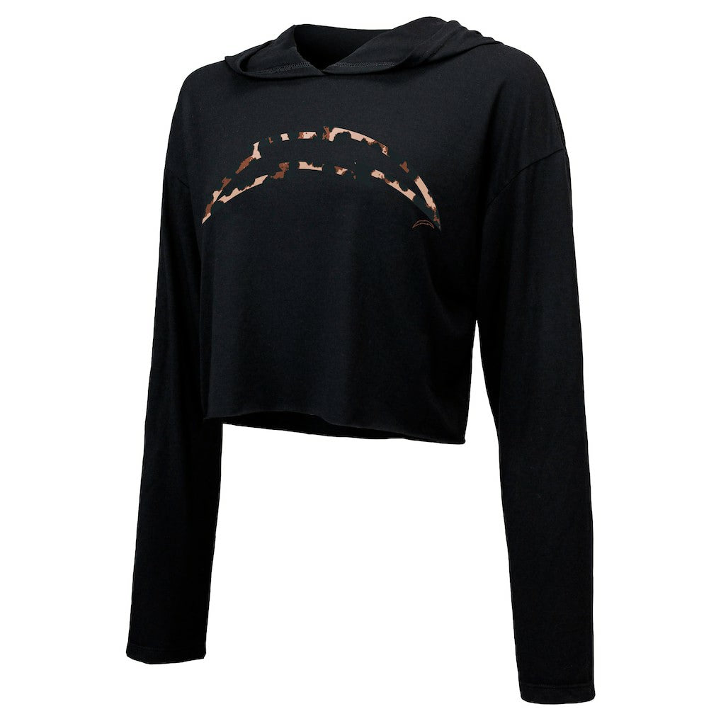 Justin Herbert Los Angeles Chargers Majestic Threads Women's Leopard Player Name & Number Long Sleeve Cropped Hoodie - Black Hoodies
