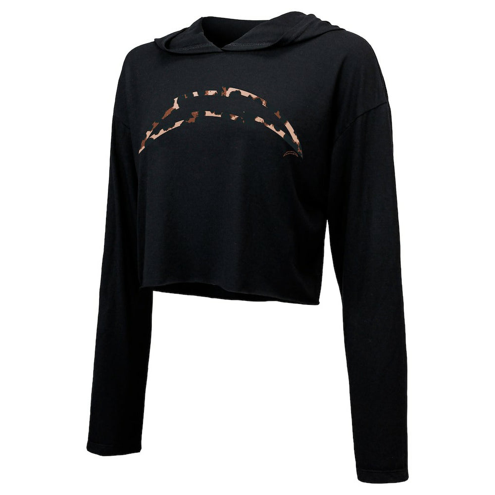 Justin Herbert Los Angeles Chargers Majestic Threads Women's Leopard Player Name & Number Long Sleeve Cropped Hoodie - Black Hoodies