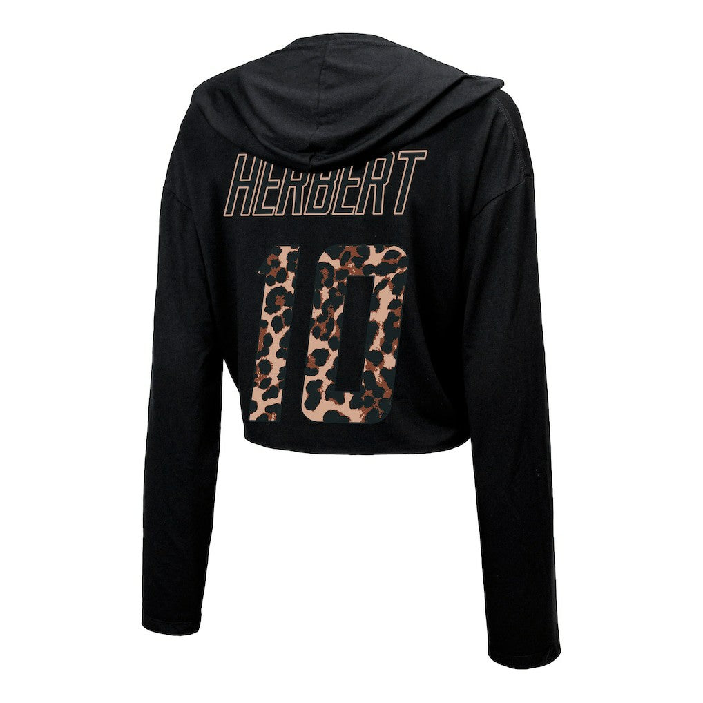 Justin Herbert Los Angeles Chargers Majestic Threads Women's Leopard Player Name & Number Long Sleeve Cropped Hoodie - Black Hoodies