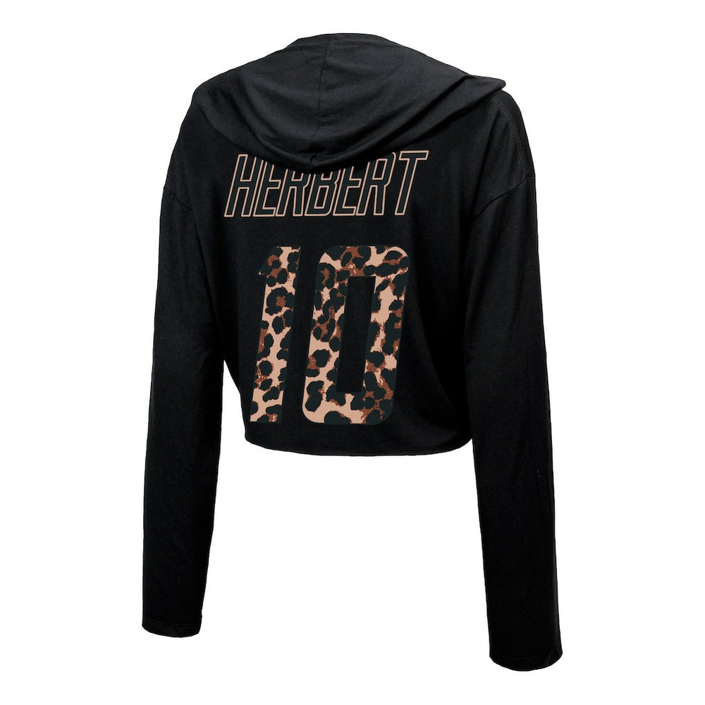 Justin Herbert Los Angeles Chargers Majestic Threads Women's Leopard Player Name & Number Long Sleeve Cropped Hoodie - Black Hoodies