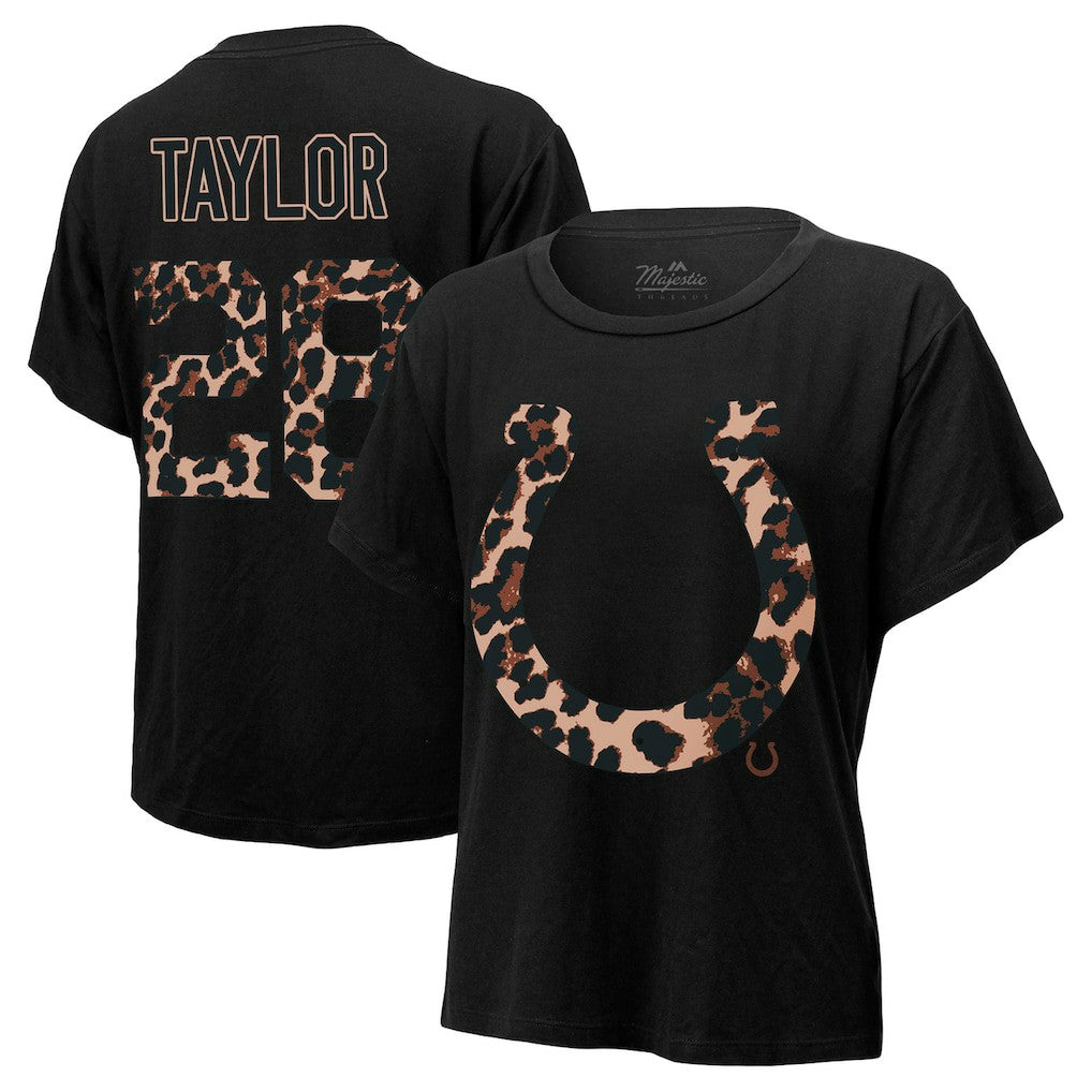 Jonathan Taylor Indianapolis Colts Majestic Threads Women's Leopard Player Name & Number T-Shirt - Black T-shirts