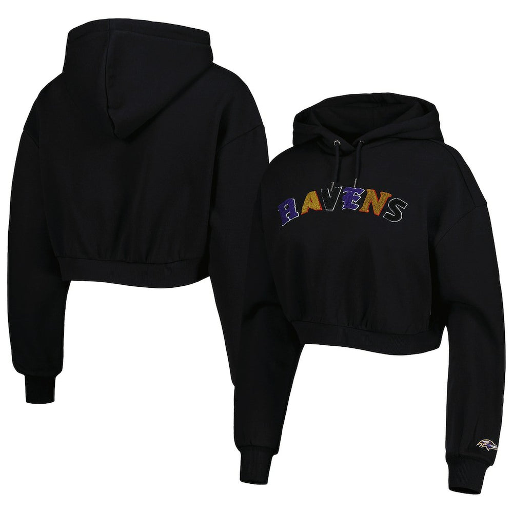 Baltimore Ravens The Wild Collective Women's Cropped Pullover Hoodie - Black Hoodies