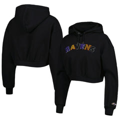 Baltimore Ravens The Wild Collective Women's Cropped Pullover Hoodie - Black Hoodies