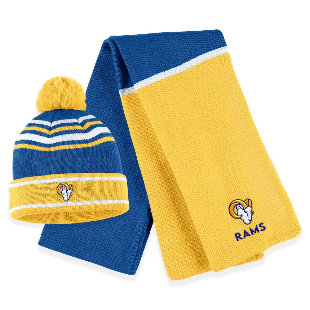 Los Angeles Rams WEAR by Erin Andrews Women's Colorblock Cuffed Knit Hat with Pom and Scarf Set - Royal Hats
