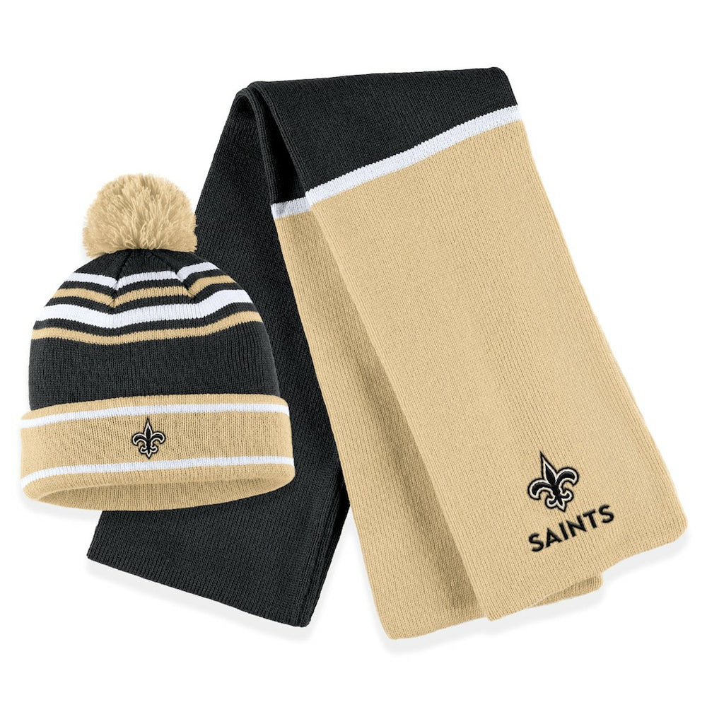 New Orleans Saints WEAR by Erin Andrews Women's Colorblock Cuffed Knit Hat with Pom and Scarf Set - Black Hats