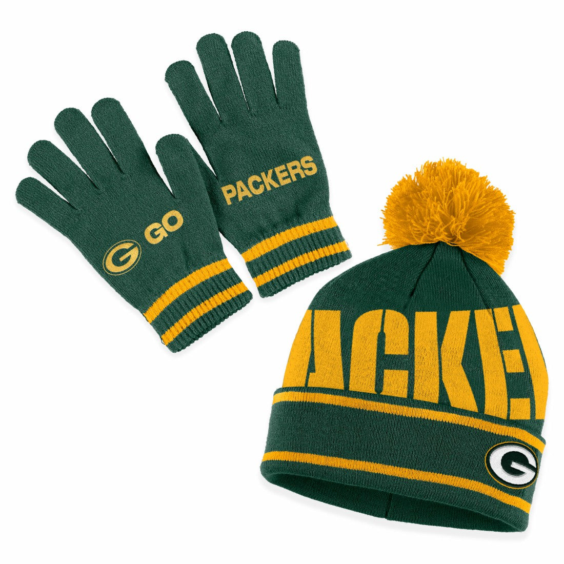 Green Bay Packers WEAR by Erin Andrews Women's Double Jacquard Cuffed Knit Hat with Pom and Gloves Set - Green Hats