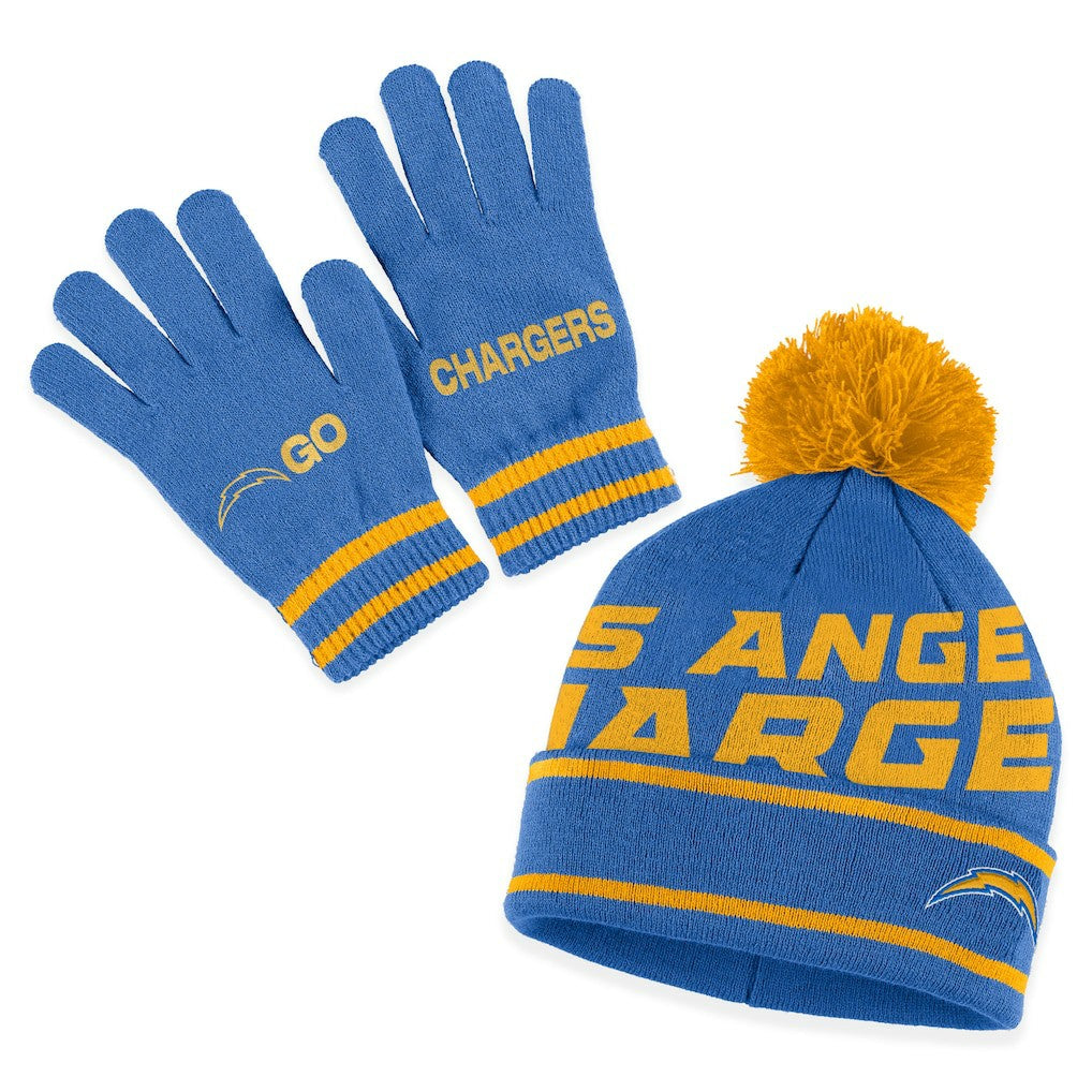 Los Angeles Chargers WEAR by Erin Andrews Women's Double Jacquard Cuffed Knit Hat with Pom and Gloves Set - Powder Blue Hats
