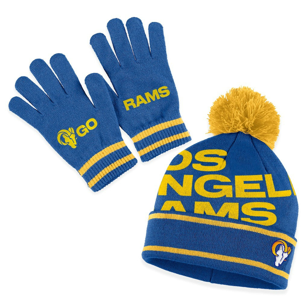 Los Angeles Rams WEAR by Erin Andrews Women's Double Jacquard Cuffed Knit Hat with Pom and Gloves Set - Royal Hats