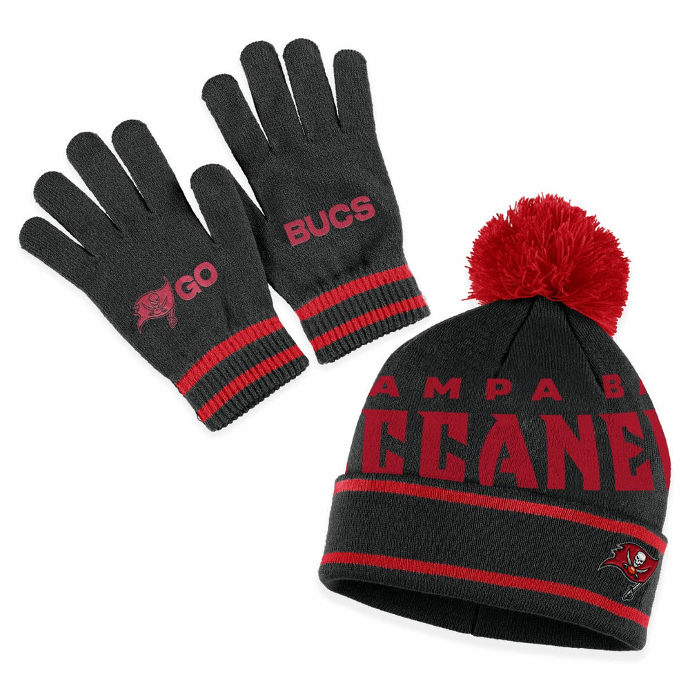 Tampa Bay Buccaneers WEAR by Erin Andrews Women's Double Jacquard Cuffed Knit Hat with Pom and Gloves Set - Black Hats