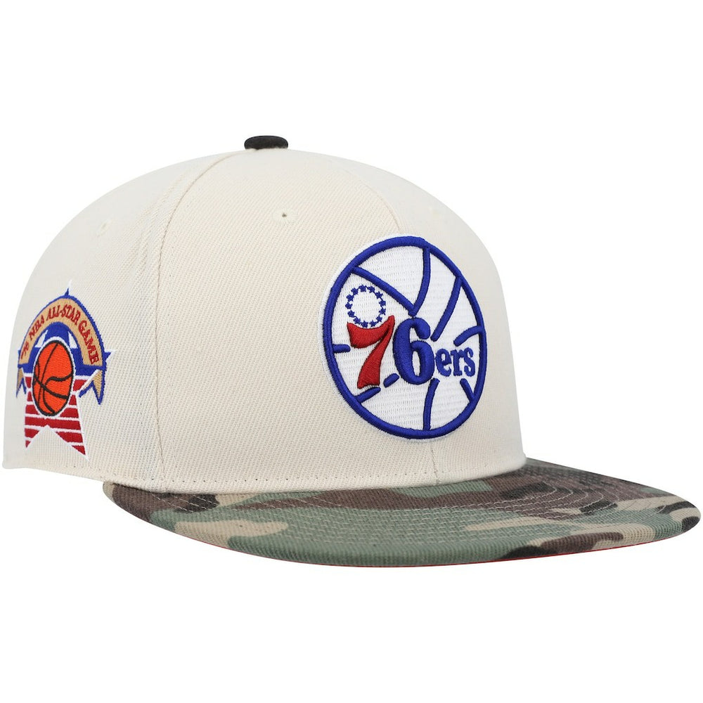 Philadelphia 76ers Hardwood Classics 1976 NBA All-Star Game Off White Camo Fitted Hat Cream/Camo - Mitchell & Ness