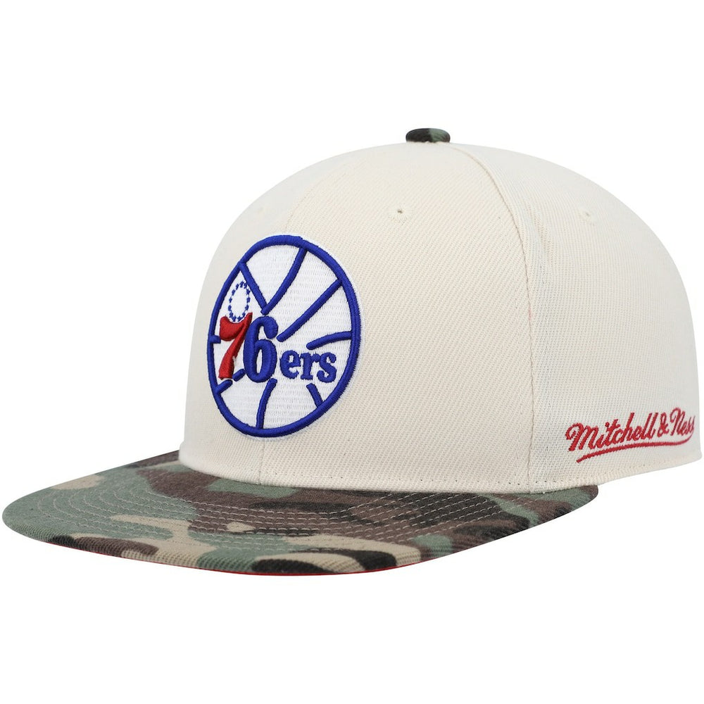 Philadelphia 76ers Hardwood Classics 1976 NBA All-Star Game Off White Camo Fitted Hat Cream/Camo - Mitchell & Ness