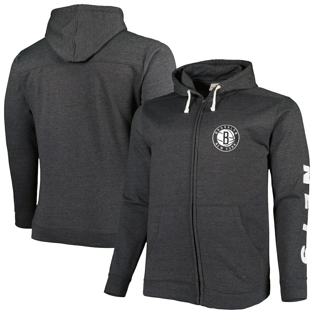 Brooklyn Nets Big & Tall Down and Distance Full-Zip Hoodie Heathered Black - Fanatics